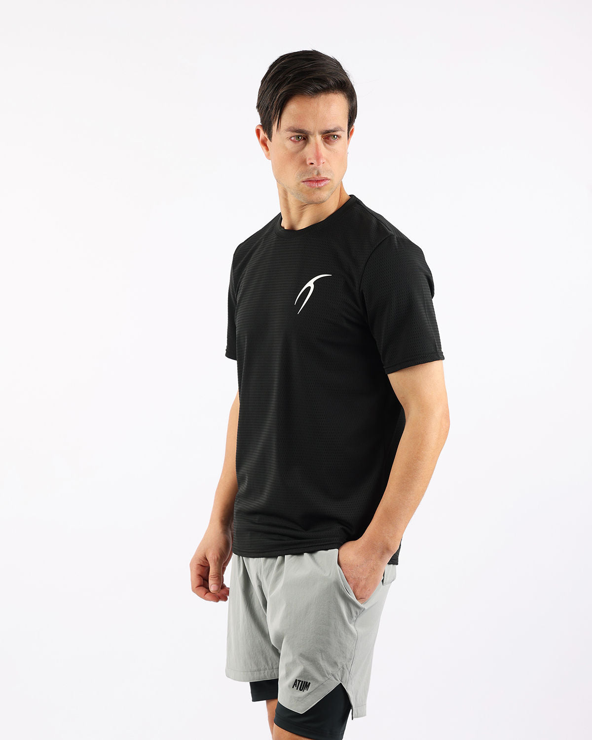 Crew Neck Short Sleeve Black Athletic Top-Atum -73086912