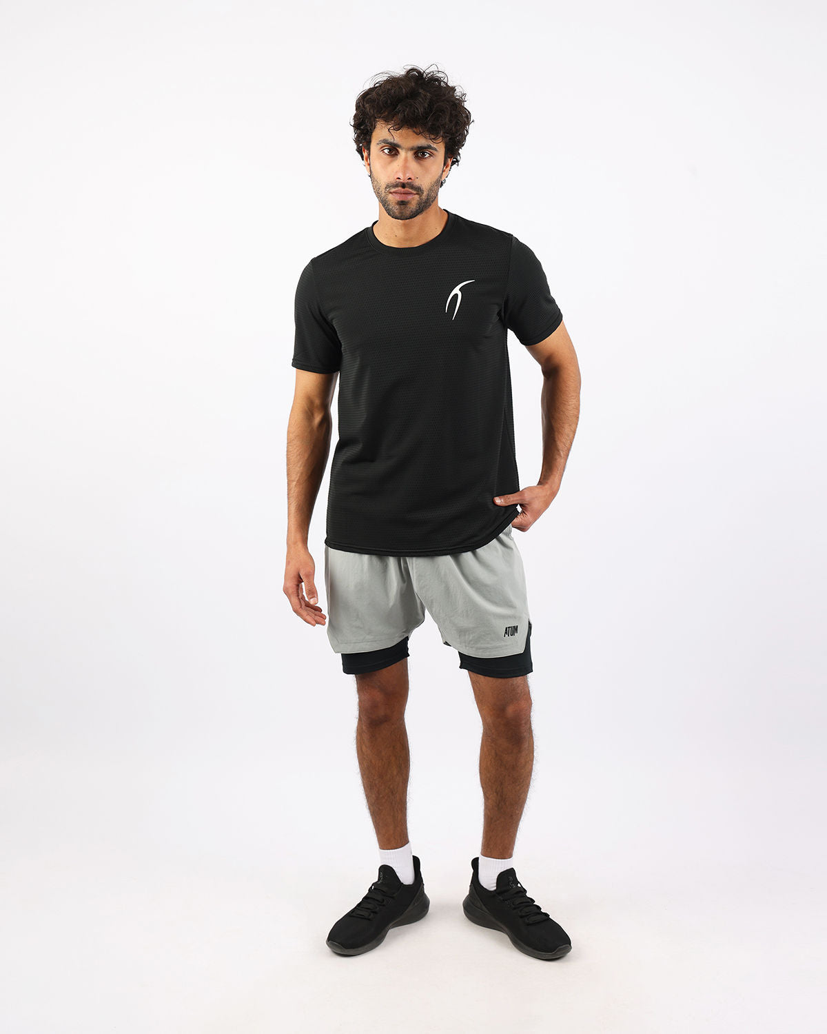 Crew Neck Short Sleeve Black Athletic Top-Atum -90668596