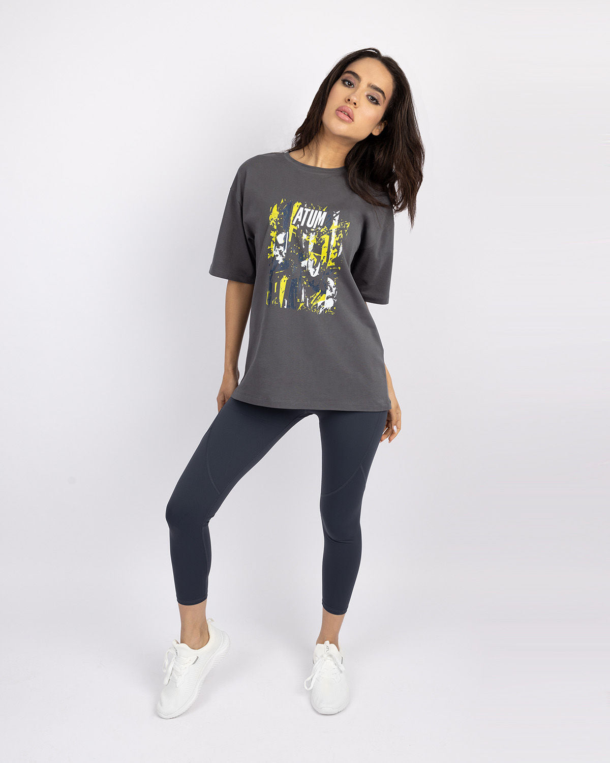 Oversize Printed Women's Gray T-Shirt-Atum -23400996