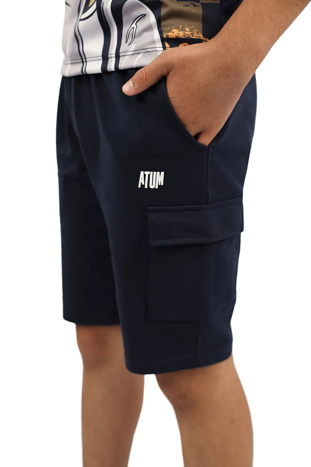 Navy cargo shorts with 'ATUM' branding on a white background