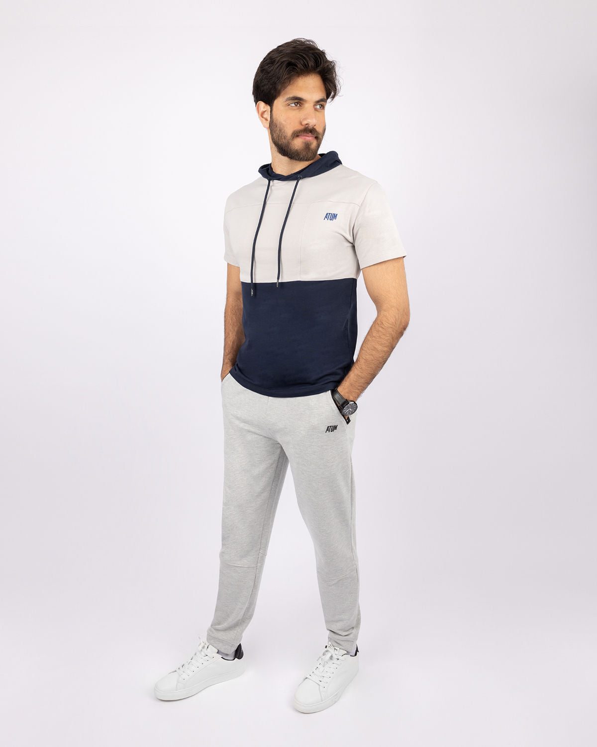 Half Sleeve Light Gray Hoodie-Atum -62590352