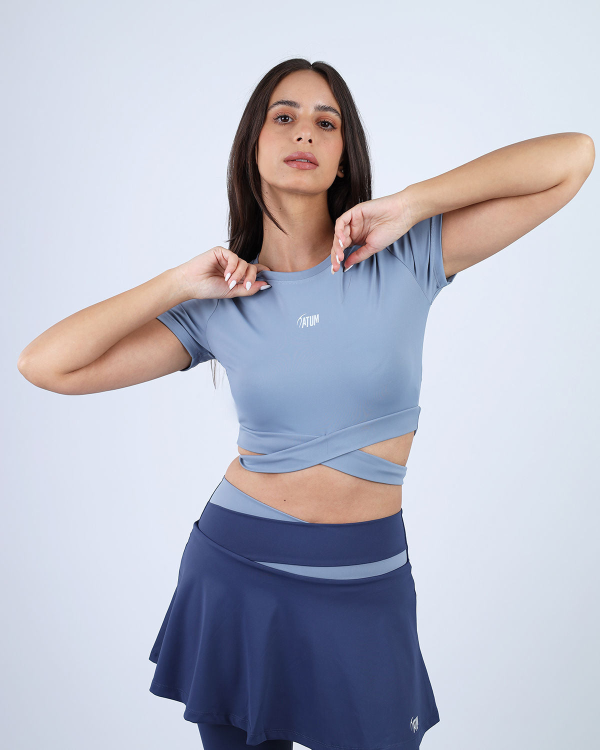 Twisted Short Sleeves Blue Crop Top-Atum -59275526