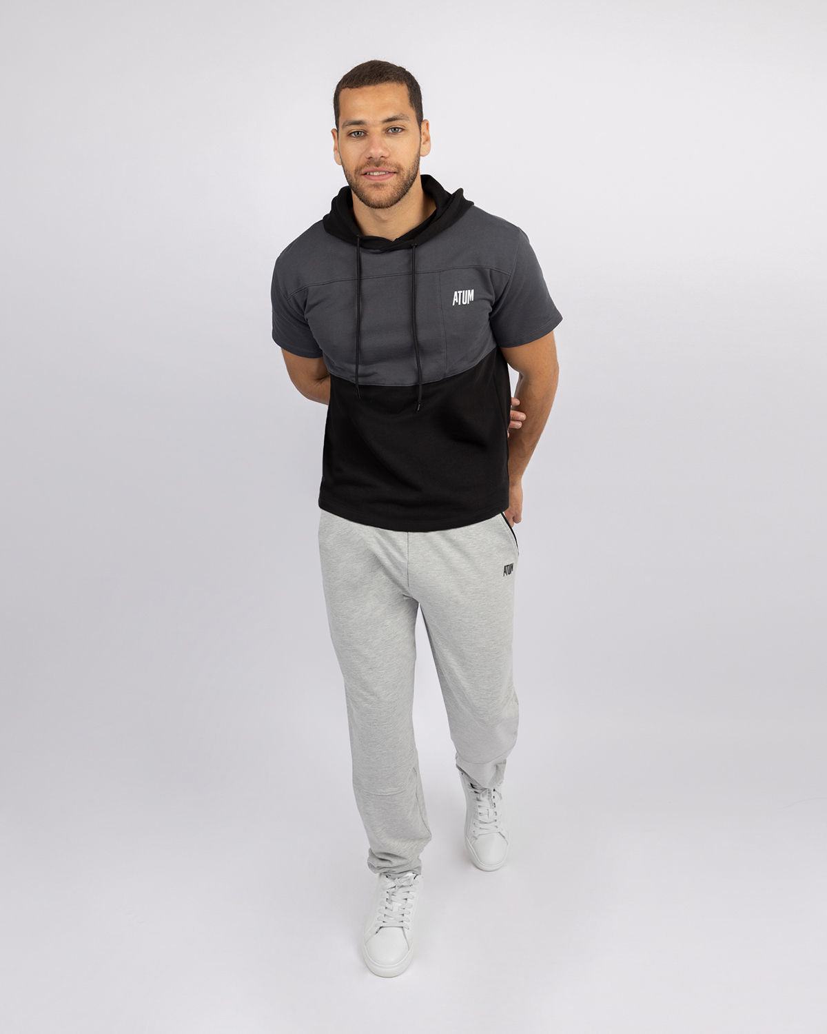 Half Sleeve Gray Hoodie-Atum -26003464