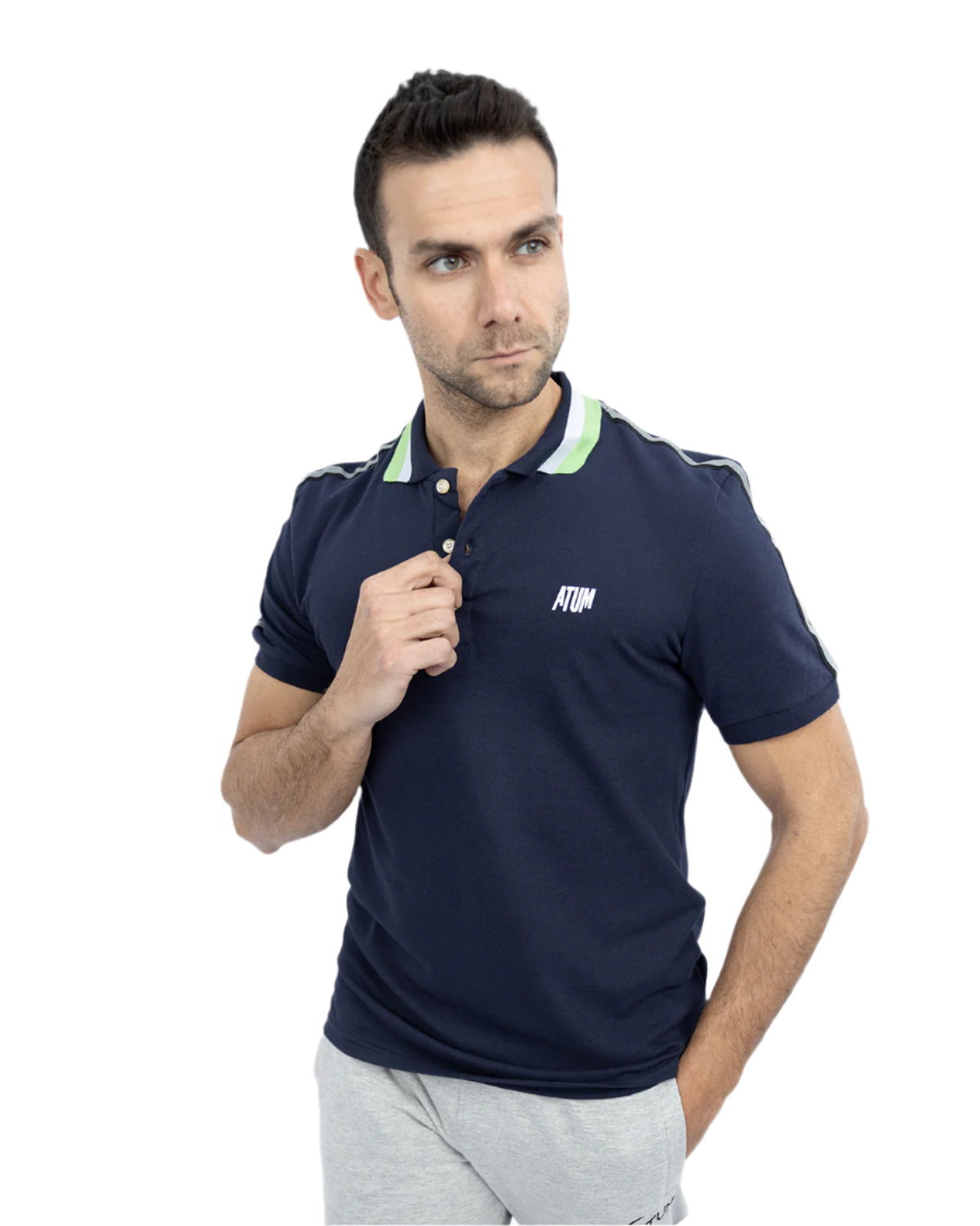 Stripped Neck Navy Polo Shirt-Atum -69038030