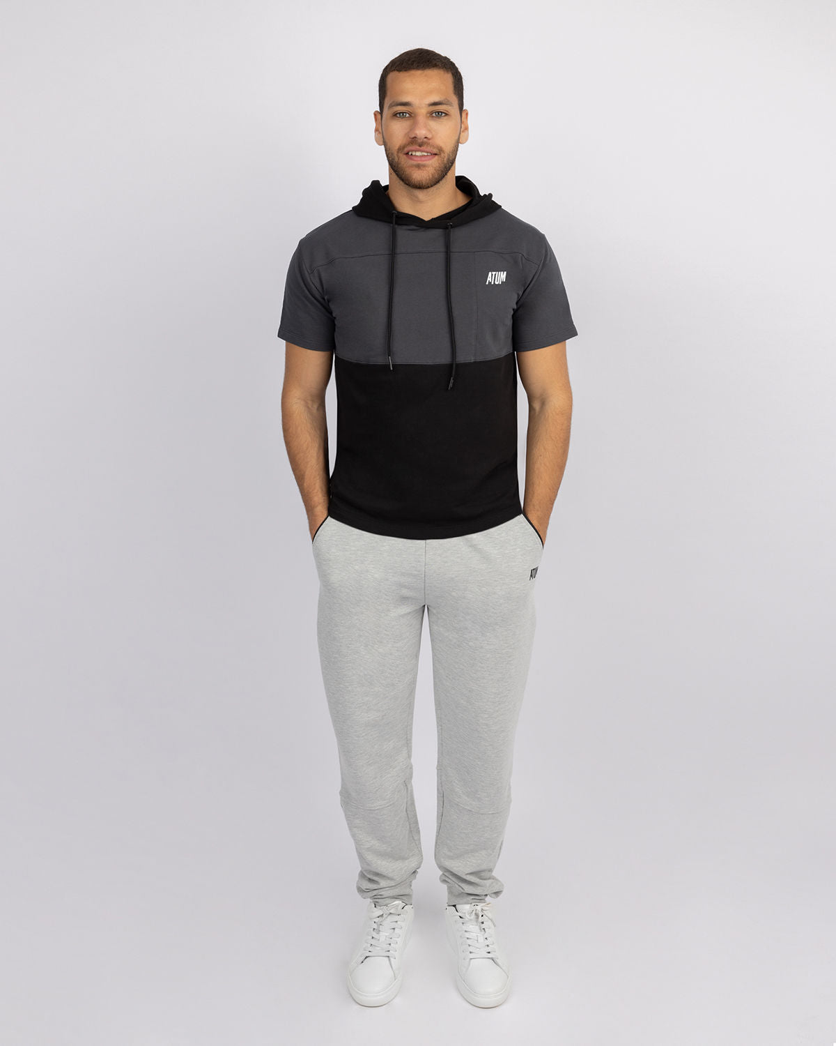 Half Sleeve Gray Hoodie-Atum -67217493
