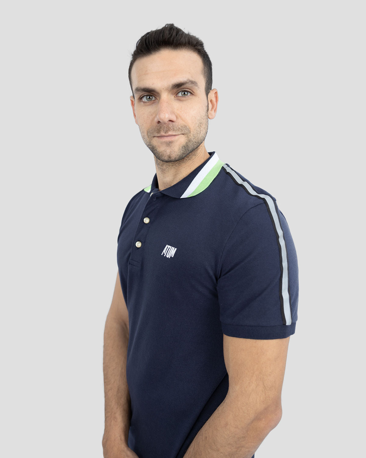 Stripped Neck Navy Polo Shirt-Atum -10128386