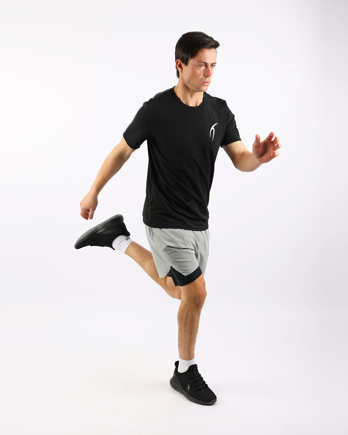 Crew Neck Short Sleeve Black Athletic Top-Atum -16593837
